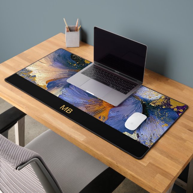 Art floral en bleu violet or monogramme de luxe (Bureau 2)
