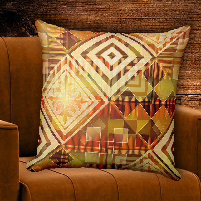 Art géométrique Abstrait élégant Coussin d'automne (Retro abstract design pillow featuring a warm colored pattern in geometrical shapes. )