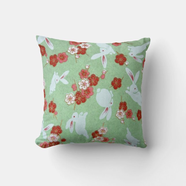 Art japonais - Sakuras et lapins - Coussin (Recto)