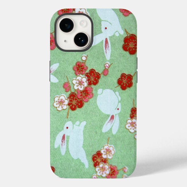 Art japonais - Sakuras et lapins iPhone 14 Coque (Verso)
