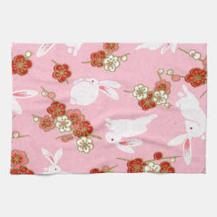 Art japonais : Sakuras et lapins roses Serviette d