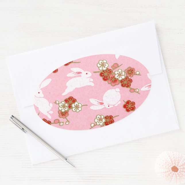 Art japonais : Stickers ovales sakuras et lapins r (Enveloppe)