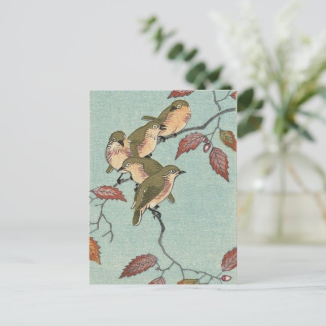 Art japonais vintage : Carte postale Oiseaux verts (Debout devant)