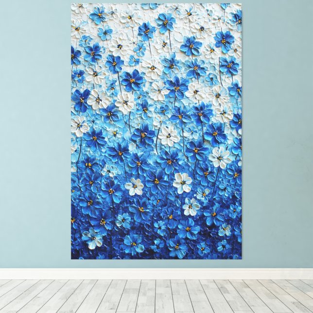 Art mural abstrait à dégradé floral bleu et blanc (Insitu (Plancher de Bois))