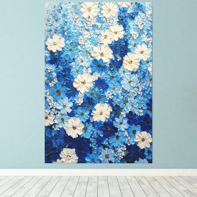 Art mural abstrait à dégradé floral bleu et blanc (Insitu (Plancher de Bois))