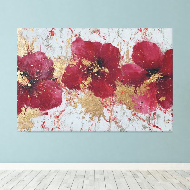 Art mural abstrait Fleur rouge et or (Insitu (Plancher de Bois))
