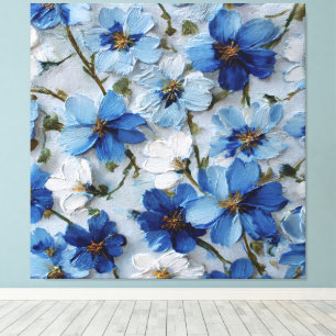 Art mural abstrait floral bleu et blanc
