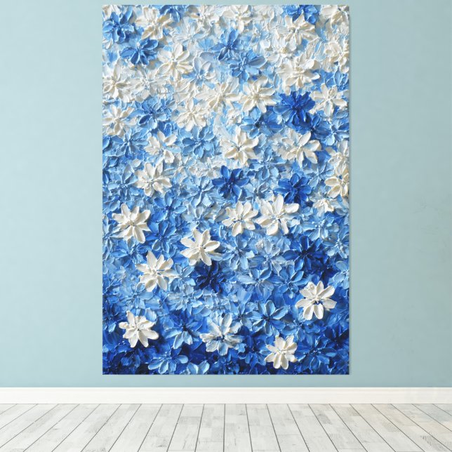 Art mural abstrait floral bleu et blanc (Insitu (Plancher de Bois))