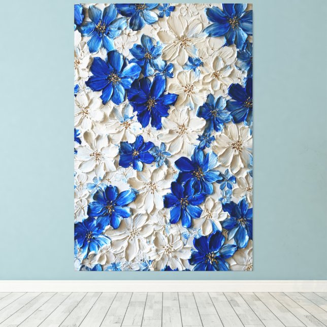 Art mural abstrait floral bleu et blanc moderne   (Insitu (Plancher de Bois))
