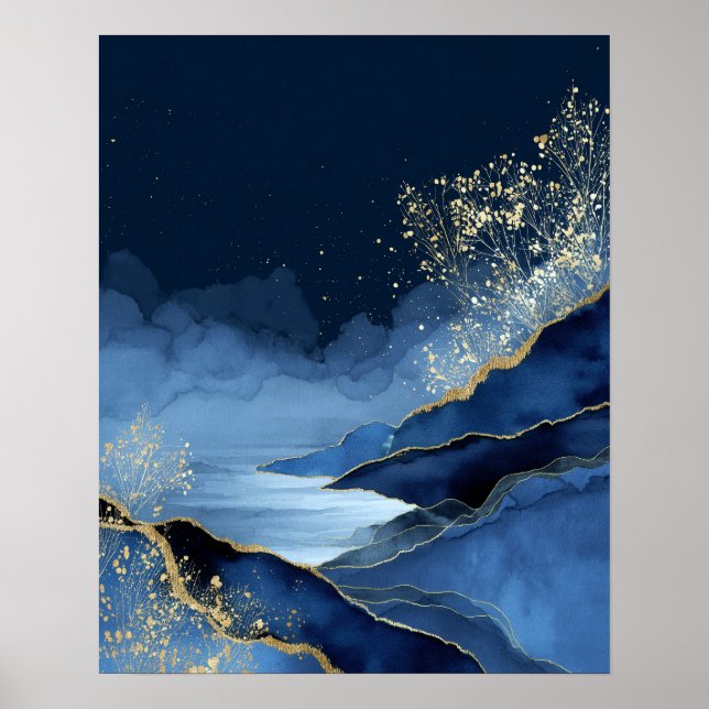 Art mural abstrait moderne bleu marine or (Devant)