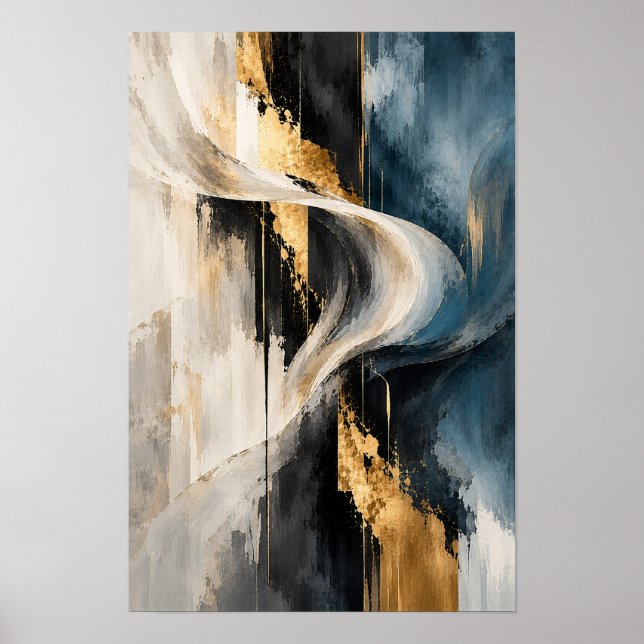 Art mural abstrait ruban fluide or noir bleu (Devant)