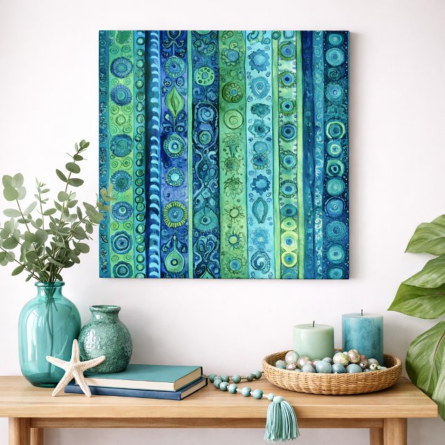 Art mural aquarelle à rayures boho bleu vert (Blue and green boho-inspired. wall art)