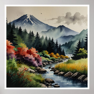 Art mural aquarelle des montagnes japonaises