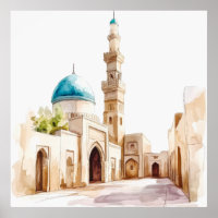 Art mural aquarelle du dôme bleu et du minaret mar