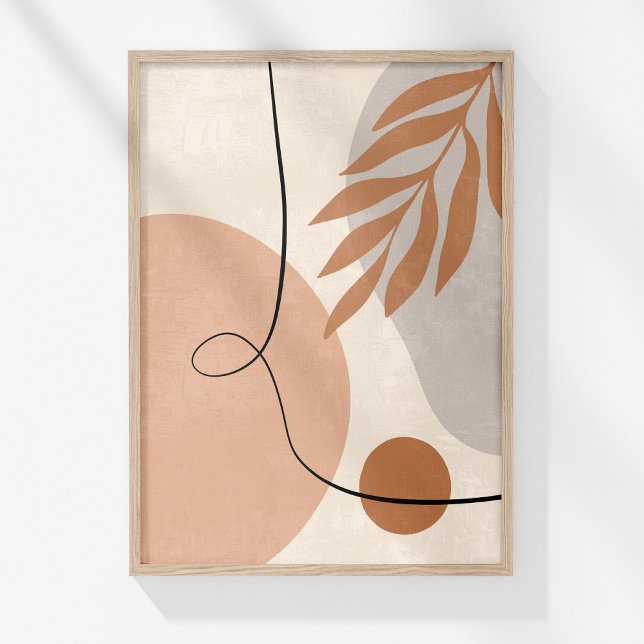Art mural botanique abstrait en ligne neutre Boho  (Boho Muted Neutral Abstract Botanical Wall Art in a wooden frame on a sunny white wall.)