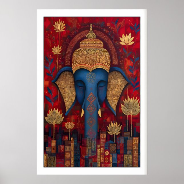Art mural Bouddha éléphant mystique, fleurs de lot (Devant)