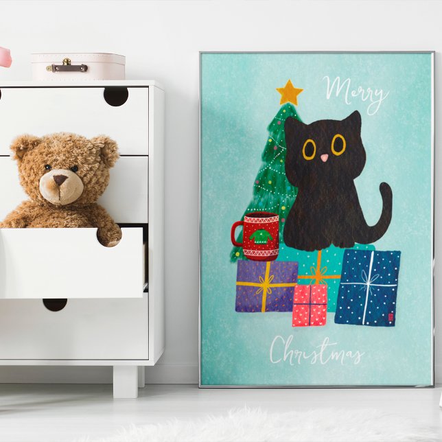 Art mural café de Noël bleu festif chat mignon (Créateur téléchargé)