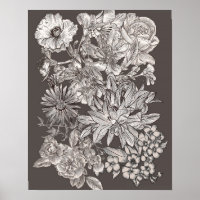 Art mural chic botanique floral vintage gris moder