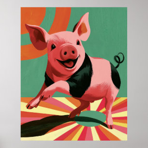Art mural coloré rétro soleil éclaté Cochon heureu