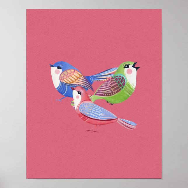Art mural d'art populaire oiseaux bleu rouge vert (Devant)