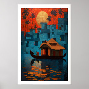 Art mural de bateau-maison Kerala Coucher de solei