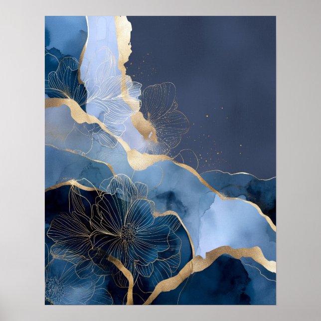 Art mural de fleurs abstraites modernes bleu marin (Devant)