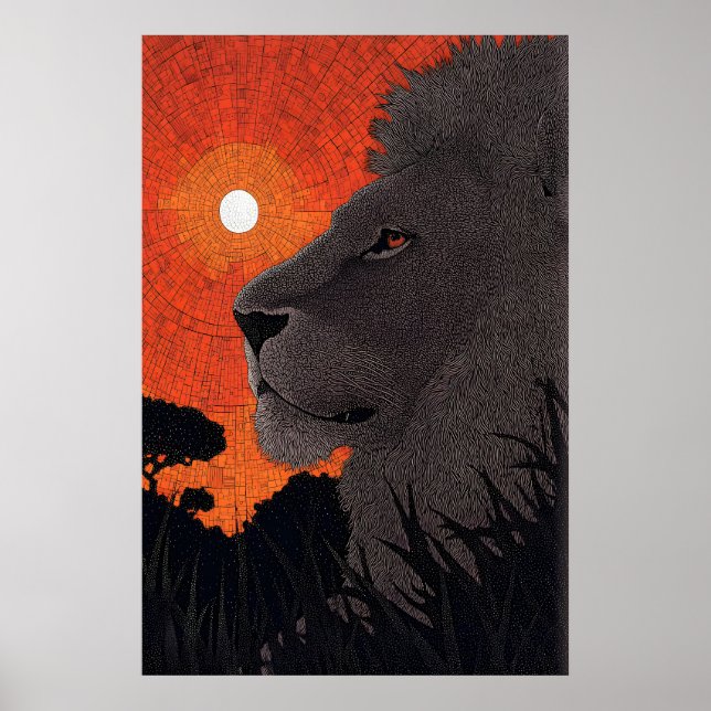 Art mural de lion de safari, silhouette de coucher (Devant)