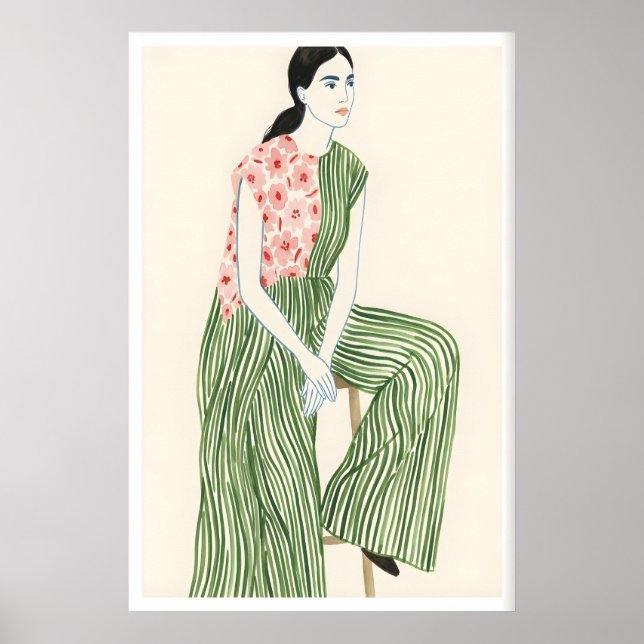 Art mural de mode Femme assise calme - Rayures ver (Devant)