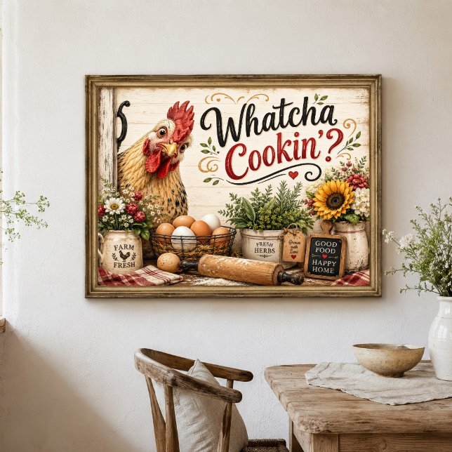 Art mural de poulet drôle de coq de ferme cuisine (Funny Chicken Rooster Farmhouse Kitchen Wall Art, Whatcha Cookin? Country Rustic Kitchen Decor)