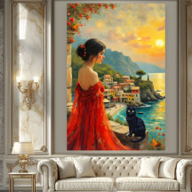 Côte italienne avec dame et chat noir