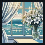 Art Mural En Acrylique Jolie vue sur l'océan et vase de fleurs<br><div class="desc">Joli vase en verre de fleurs tropicales blanches et vue magnifique sur une jolie fenêtre d'un océan étincelant.</div>