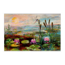 Magique Wetland Sunrise cattails et libellules