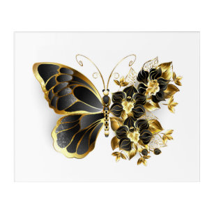 Art Mural En Acrylique Papillon à fleurs d'or avec orchidée noire