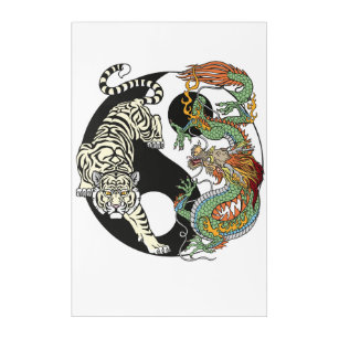 Art Mural En Acrylique Tigre blanc contre dragon vert au Yin yang