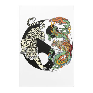 Art Mural En Acrylique Tigre blanc contre dragon vert dans le Yin yang ac