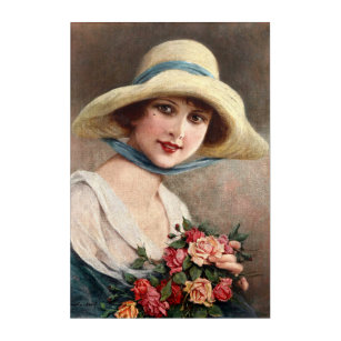 Art Mural En Acrylique Vintage Dame Avec Bouquet De Roses