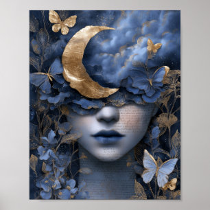 Art mural femme lune surréaliste fantaisie bleu ma