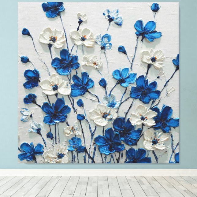 Art mural floral abstrait bleu et blanc en impasto (Insitu (Plancher de Bois))