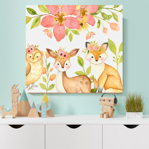Art mural floral aquarelle d'animaux de la forêt p
