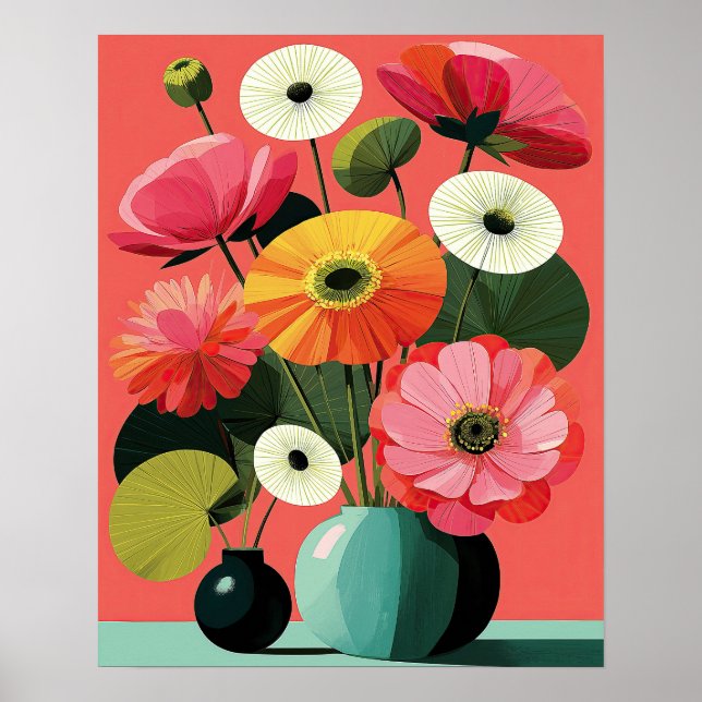 Art mural floral de milieu de siècle corail (Devant)