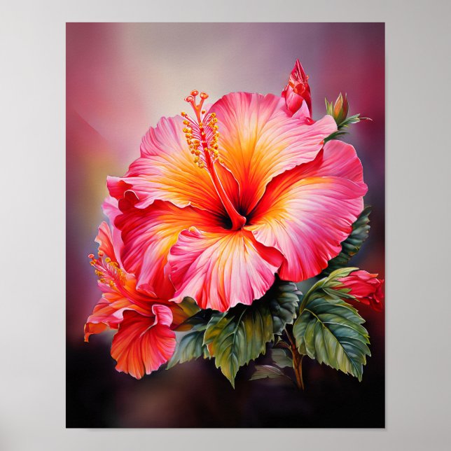 Art mural floral tropical à l'hibiscus rose (Devant)