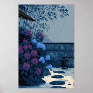 Art mural japonais de la pluie - Scène de jardin c