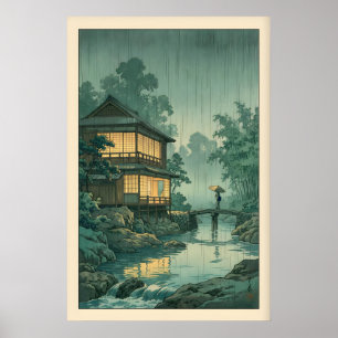 Art mural japonais sur bois - Bord de rivière pluv