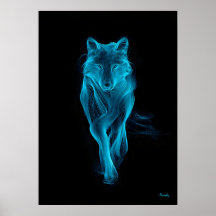 Art mural néon bleu loup futuriste en filament