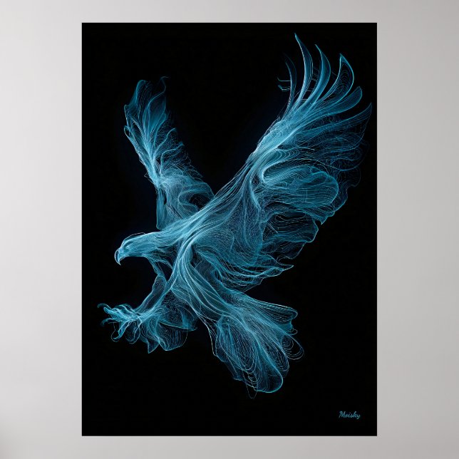 Art mural néon futuriste aigle bleu filament (Devant)