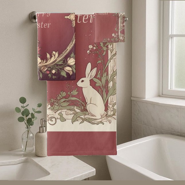 Art Nouveau Burgundy Easter Bunny Floral Vintage (Art Nouveau Burgundy Easter Bunny Floral Vintage Bath Towel Set)