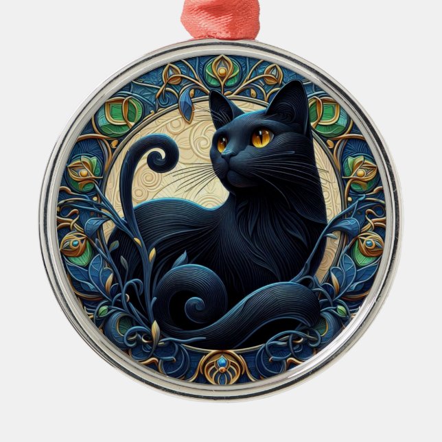 Art Nouveau Chat Noir Ornement de Noël (Devant)