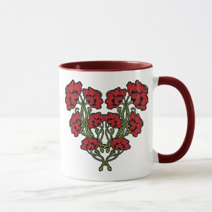 Art Nouveau Coeur Fleur Rouge Mug à café à deux to