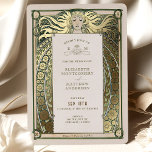 Art Nouveau Faire-part de mariage Gold Green par M<br><div class="desc">Notre superbe faire-part de mariage en feuille présente une belle tête de femme aux cheveux longs et aux détails ornés inspirés du style Art Nouveau emblématique d'Alphonse Mucha. Cette carte imprimée est la façon idéale d'ajouter une touche d'élégance et de sophistication à toute occasion, des mariages et baby showers aux...</div>
