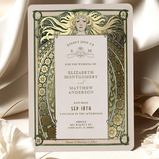 Art Nouveau Faire-part de mariage Gold Green par M (Créateur téléchargé)
